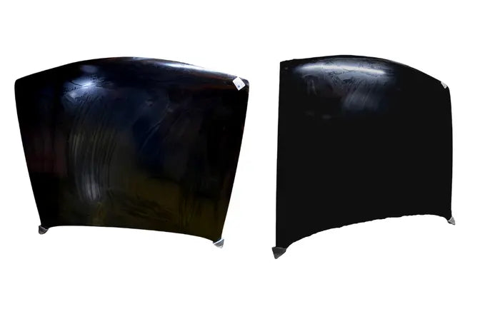 Two black automotive hood panels shown side by side against a plain white background.

