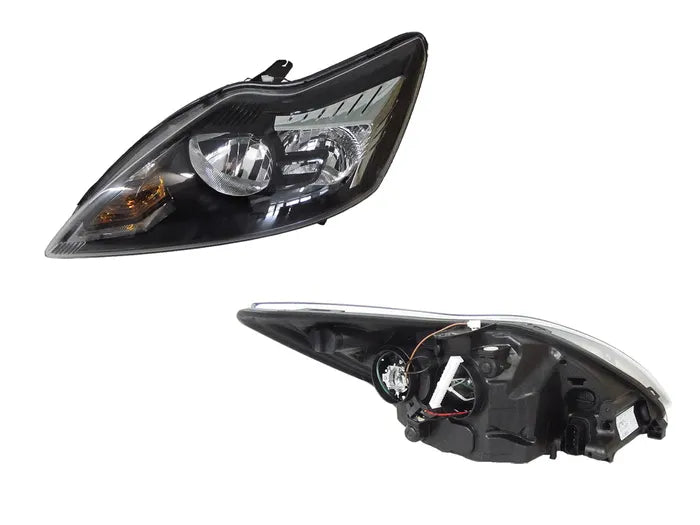 2009-2011 Ford Focus LV Headlight (Left Hand Side) with Electric Adjust Motor, Halogen H7/H1, Black Base/Chromed Cover