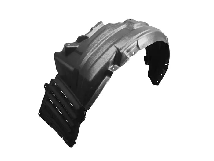 A black molded automotive underbody shield or splash panel, shown floating against a solid white background.

