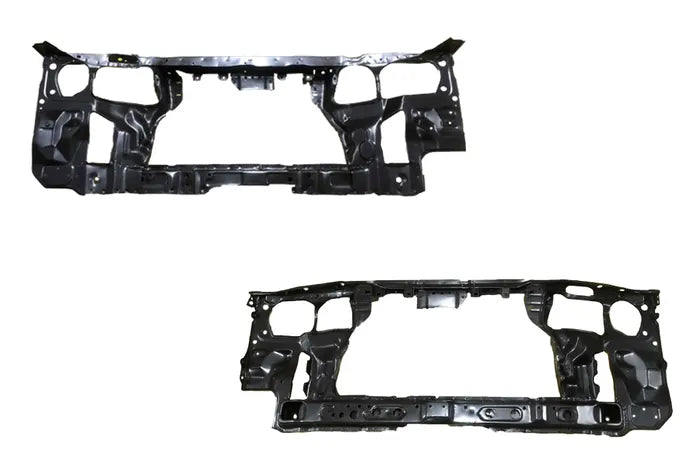 A pair of black automotive front bumper assemblies with integrated crumple zones and mounting holes, shown against a plain white background.

