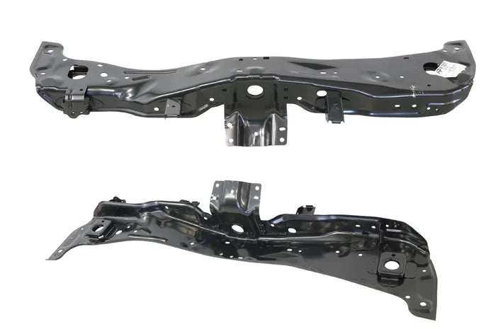A pair of black metal vehicle chassis crossmembers, shown as a complete set on a plain white background.

