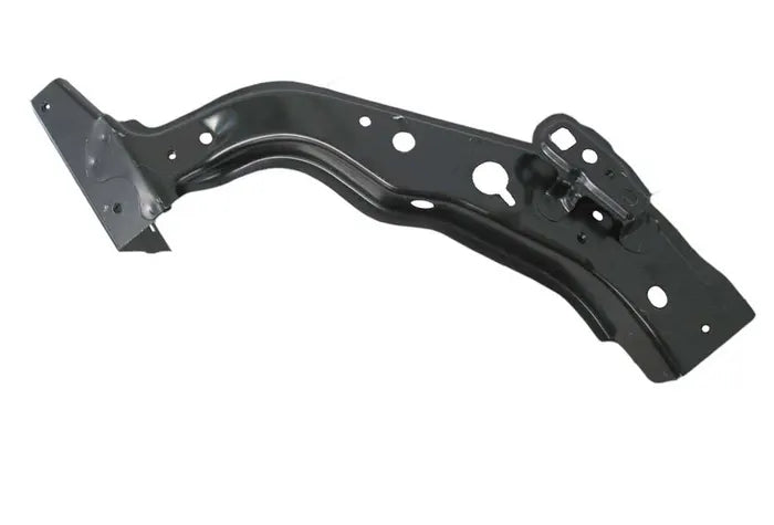 A black metal automotive frame bar or subframe bracket with pre-drilled mounting holes and a mounting tab, shown on a plain white background.

