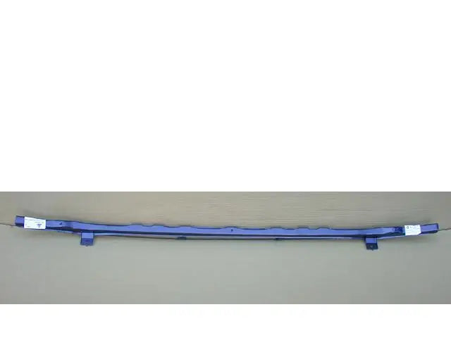 A long, thin blue metal automotive or appliance trim bar with mounting clips and small white labels at both ends, photographed against a plain light gray background.

