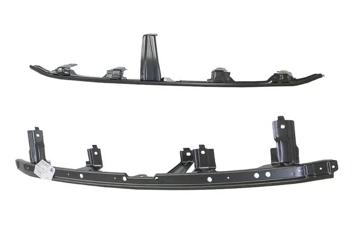 A pair of black metal automotive body trim pieces, likely front bumper sections or lower bumper assemblies, displayed against a solid white background.

