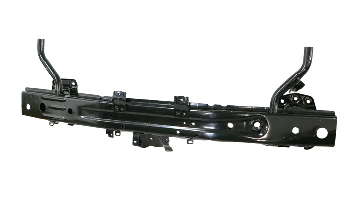 A black painted metal automotive frame bar or chassis support beam with mounting holes and brackets, isolated on a white background.

