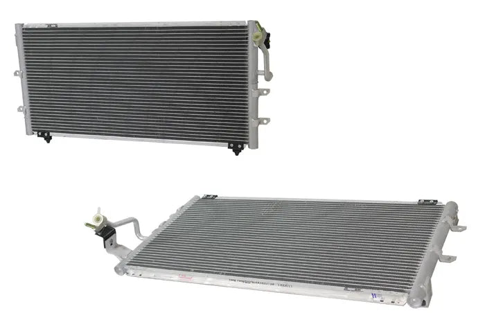 Two automotive radiators shown on a plain white background, one viewed from the front and one from the side angle, both with silver aluminum ends and dark gray ribbed cooling fins.

