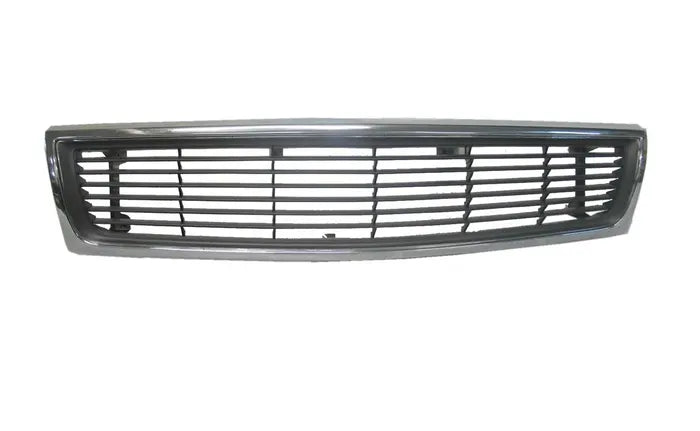 A black horizontal slat grille with a chrome outer trim, shown against a plain white background.

