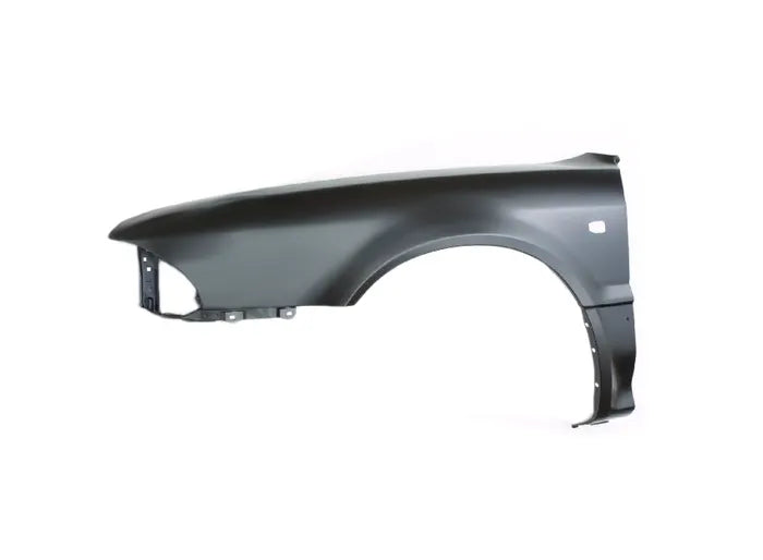 A black automotive wheel well fender liner, shown from a three-quarters angle on a solid white background.

