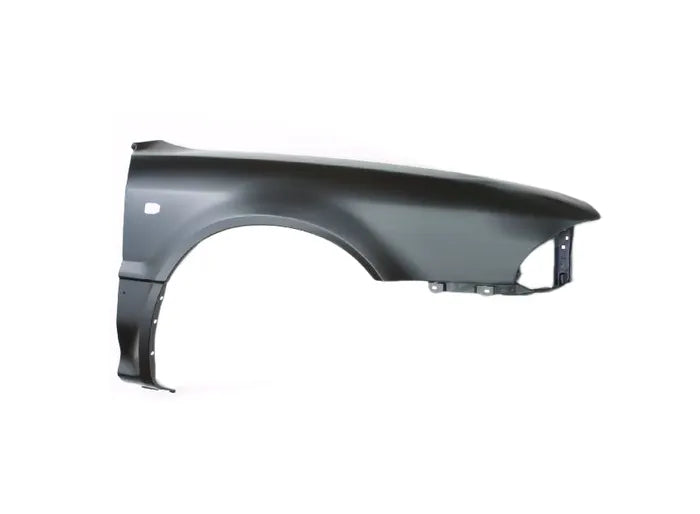 A black automotive wheel well fender liner, shown from a three-quarters angle on a solid white background.

