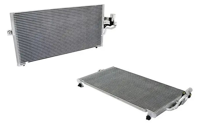 Two automotive radiators shown on a plain white background, one upright and one horizontal, both with silver metal cores and black hose connectors.

