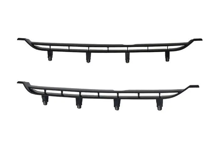 A pair of black metal front bumper lip guards or skid plate guards with mounting brackets, shown against a plain white background.


