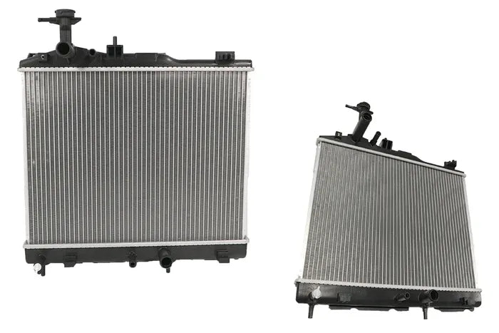 Two views of an automotive radiator on a plain white background, showing the front and angled side views.

