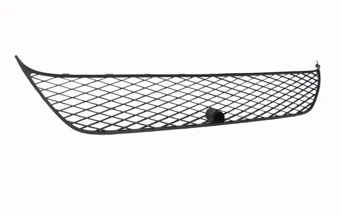 A black car front grille mesh insert with a diamond pattern and a small circular black component near the center, shown against a plain white background.

