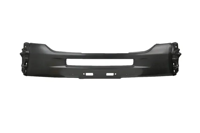 A black plastic vehicle front bumper assembly, isolated on a white background.

