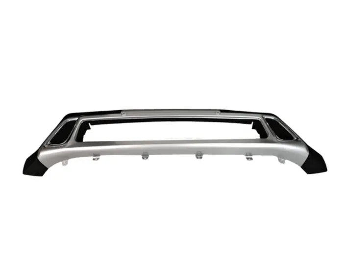 A silver metallic vehicle bumper frame with black plastic end caps and mounting points, shown against a plain white background.

