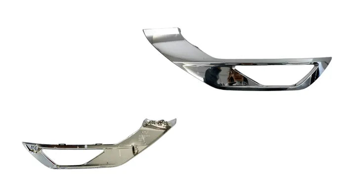 Two chrome car bumper covers on a white background

