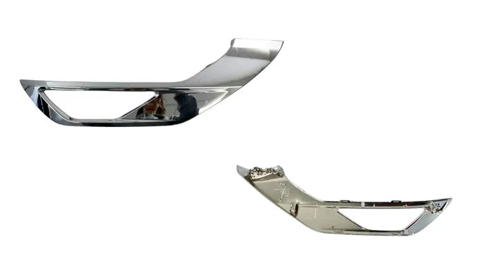 Two chrome car bumper covers on a white background

