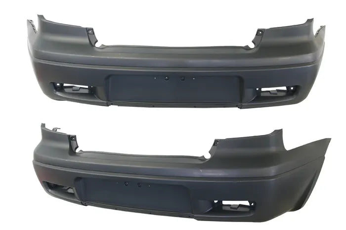 Two car bumper parts on a white background


