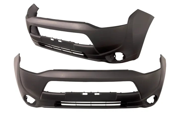 A pair of matte black plastic front bumper assemblies for a vehicle, shown against a plain white background.

