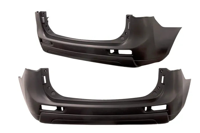 Two black car bumper covers on a white background

